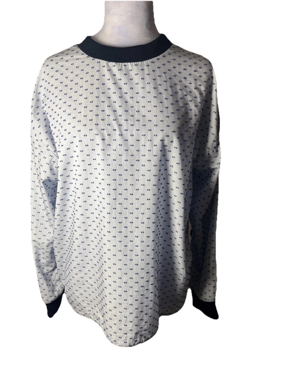 Tish Cox Long-Sleeve Blouse with Navy Trim and flirty ruffled back sz S